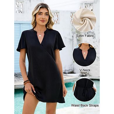 Short Sleeve V-Neck Wrap Front Satin Mini Dress