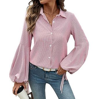 Women's Slim Collared Work Blouses Long Sleeves Striped Button Down Shirts No Pockets Tops