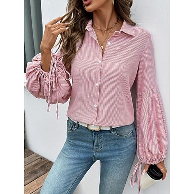 Women's Slim Collared Work Blouses Long Sleeves Striped Button Down Shirts No Pockets Tops