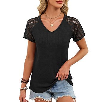 Women's Casual Office Wear Loose Fit Blouse V-Neck Waffle Knit Top Lace Raglan Sleeves