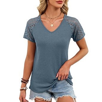 Women's Casual Office Wear Loose Fit Blouse V-Neck Waffle Knit Top Lace Raglan Sleeves