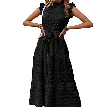 Sleeveless Ruffle Sleeve Belted Waist Tiered Midi Dress