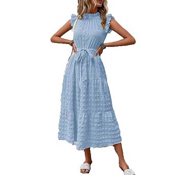 Sleeveless Ruffle Sleeve Belted Waist Tiered Midi Dress