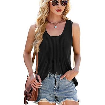 Women's Summer Casual Flowy Loose Fit Blouse Square Neck Pleated Sleeveless Tank Tops Tunic Shirts
