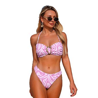 Zebra Print Metal Buckle Halter Bandeau Bikini Set Two Piece Swimsuit