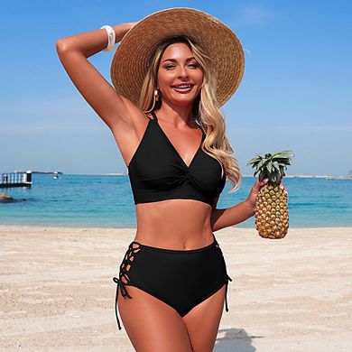 Twist Front Double Strap Side Lace Up High Waisted Bikini Set