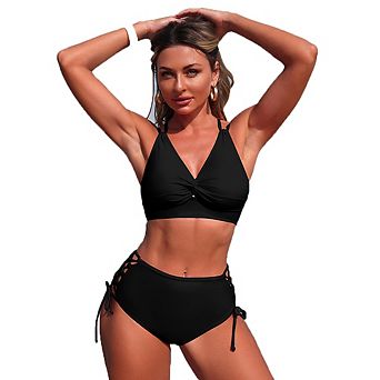 Twist Front Double Strap Side Lace Up High Waisted Bikini Set
