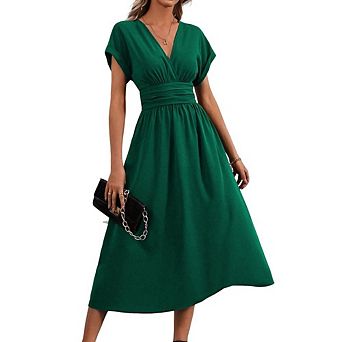 Women's Casual Summer V Neck Short Sleeve Dress A Line Flowy Work Office Maxi Sun Dress