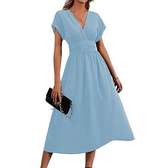 Women's Casual Summer V Neck Short Sleeve Dress A Line Flowy Work Office Maxi Sun Dress