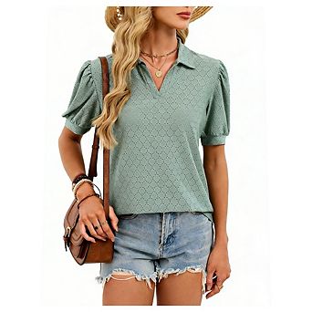 Women's Casual Office Wear Top Loose Fit V-Neck Eyelet Blouse Puffed Short Sleeves Tunic Shirt