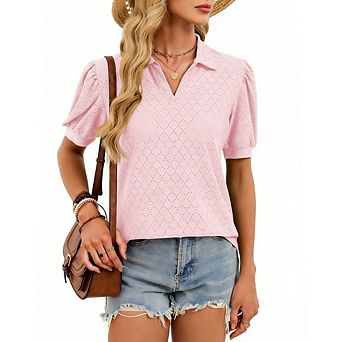Women's Casual Office Wear Top Loose Fit V-Neck Eyelet Blouse Puffed Short Sleeves Tunic Shirt