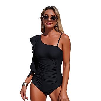 Solid Color Asymmetrical One Shoulder Ruffle One Piece Swimsuit