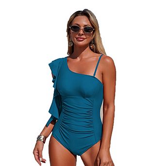 Solid Color Asymmetrical One Shoulder Ruffle One Piece Swimsuit