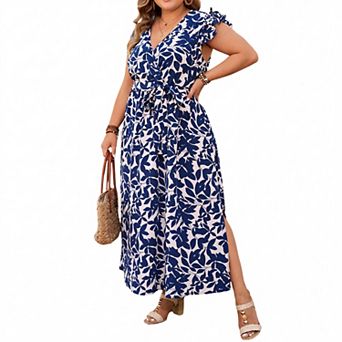 Women's Plus Size Leaf Print V-Neck Midi Dress