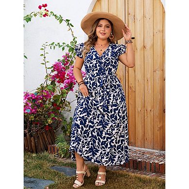 Women's Plus Size Leaf Print V-Neck Midi Dress