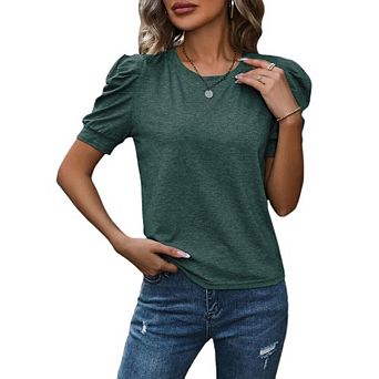 Women's Summer Casual Vacation Tunic Blouse Crew Neck Puff Short Sleeve T Shirts Tops