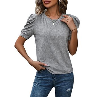 Women's Summer Casual Vacation Tunic Blouse Crew Neck Puff Short Sleeve T Shirts Tops