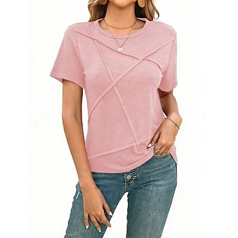 Women's Casual Work Office Wear Crew Neck T-Shirt Short Sleeve Solid Crisscross Front Blouse