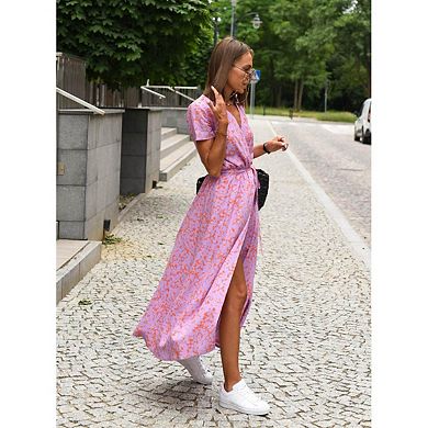 Women's Wrap V-Neck Short Sleeve Maxi Dress