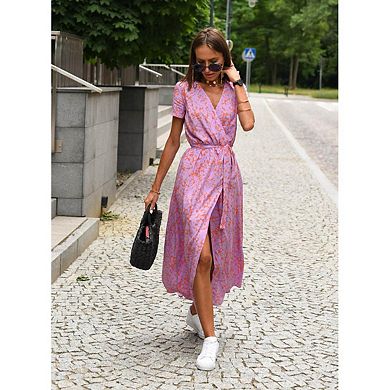 Women's Wrap V-Neck Short Sleeve Maxi Dress