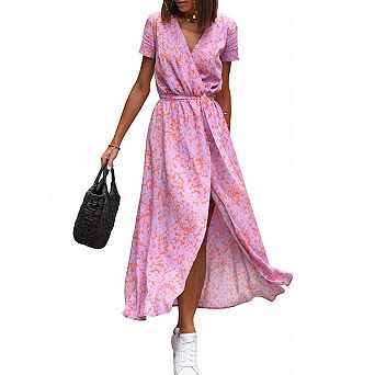 Women's Wrap V-Neck Short Sleeve Maxi Dress