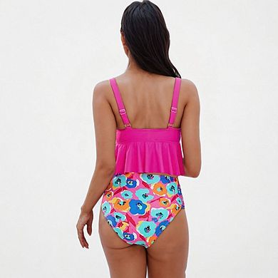 Ruffle Hem Tankini Top High Waisted Floral Print Bikini Set