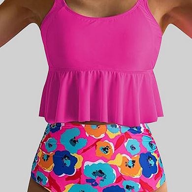 Ruffle Hem Tankini Top High Waisted Floral Print Bikini Set