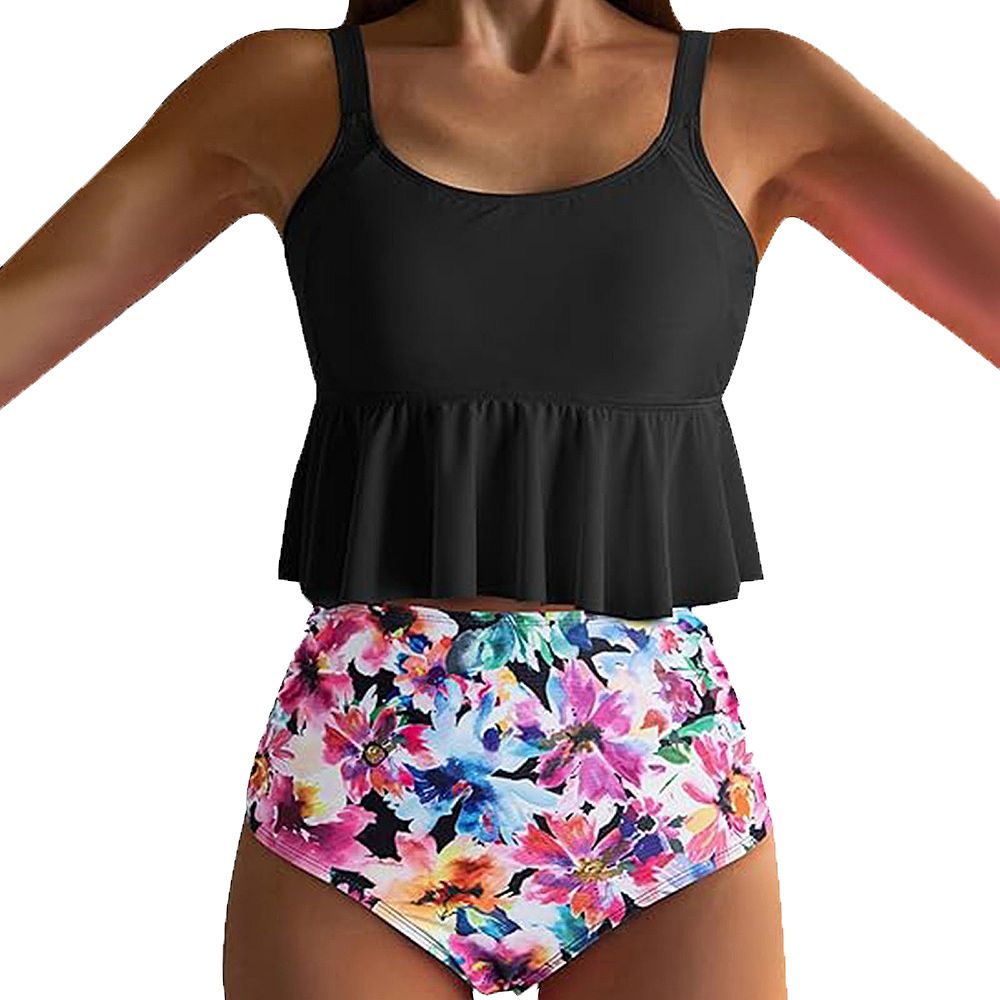 Ruffle Hem Tankini Top High Waisted Floral Print Bikini Set