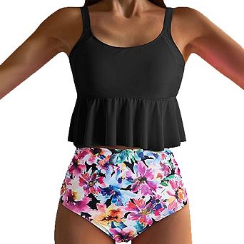 Ruffle Hem Tankini Top High Waisted Floral Print Bikini Set