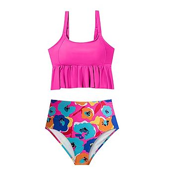 Ruffle Hem Tankini Top High Waisted Floral Print Bikini Set