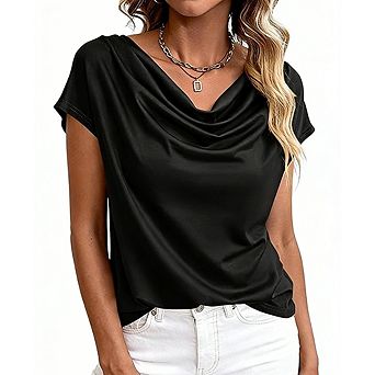Women's Dressy Casual Slim Fit Tunic Blouse V Neck Short Sleeves Cowl Neck Blouse Top