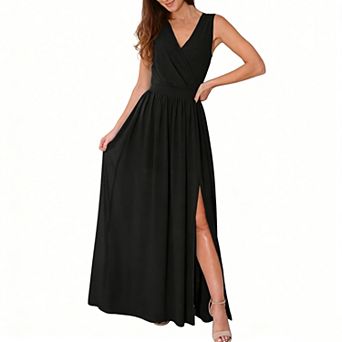 Women's Formal Party Sleeveless Dress V Neck Wrap Bodice Maxi Dress Waist Gathering Side Slit Dress