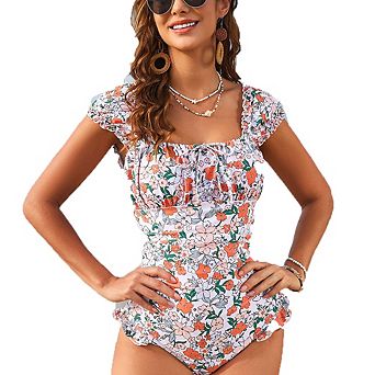 Floral Print Puff Sleeve One Piece Swimsuit Ruffled Bathing Suit