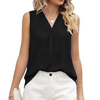 Women's Casual Office Wear Loose Fit V-Neck Blouse Sleeveless Pleated Front Shirt Top