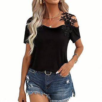 Women's Casual Party Wear Loose Fit Blouse One-Shoulder Top Floral Lace Applique Short Sleeve Shirt