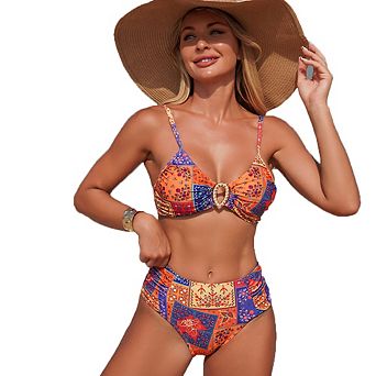 Vintage Patchwork Print Pearl Buckle High Waisted Bikini Set