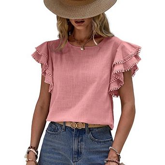 Women's Casual Travel Wear Boho Blouse Crew Neck Ruffled Sleeve Blouse with Pom-Pom Trim Button