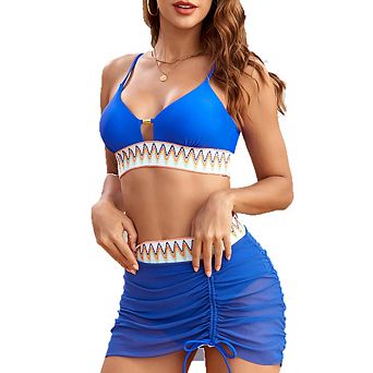 Geometric Trim Two Piece Bikini Set with Mesh Skirt Cover Up Swimwear