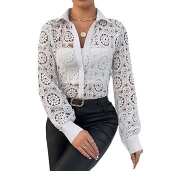 Women's Summer Casual Boho Lace Beach Blouse Vacation Crochet Eyelet Long Sleeve Button Down Shirts