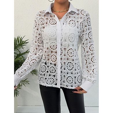 Women's Summer Casual Boho Lace Beach Blouse Vacation Crochet Eyelet Long Sleeve Button Down Shirts