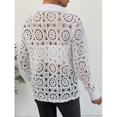 Women's Summer Casual Boho Lace Beach Blouse Vacation Crochet Eyelet Long Sleeve Button Down Shirts