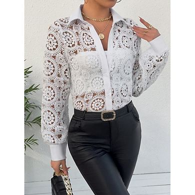 Women's Summer Casual Boho Lace Beach Blouse Vacation Crochet Eyelet Long Sleeve Button Down Shirts