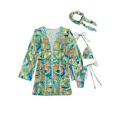 Boho Print Triangle Bikini Set with Cover Up Shirt and Headband