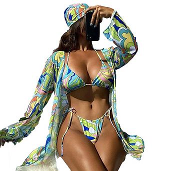 Boho Print Triangle Bikini Set with Cover Up Shirt and Headband