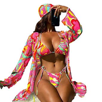 Boho Print Triangle Bikini Set with Cover Up Shirt and Headband