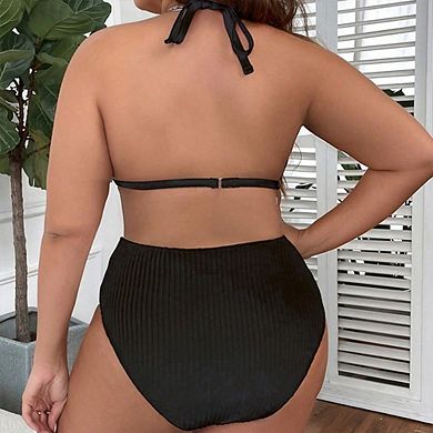 Plus Size Ribbed Pearl Halter Bikini Set High Waisted Swimsuit
