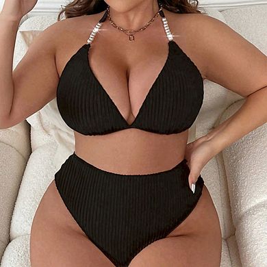 Plus Size Ribbed Pearl Halter Bikini Set High Waisted Swimsuit