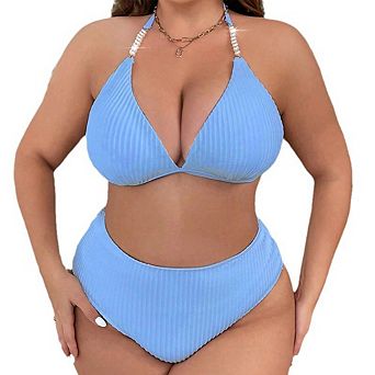 Plus Size Ribbed Pearl Halter Bikini Set High Waisted Swimsuit