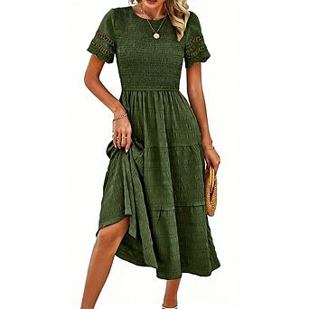 Women's Casual Short Sleeve Smocked Midi Dress Tiered Ruffle Hem Lace A Line Trim Dress
