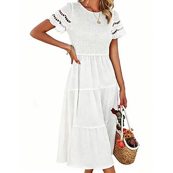 Women's Casual Short Sleeve Smocked Midi Dress Tiered Ruffle Hem Lace A Line Trim Dress